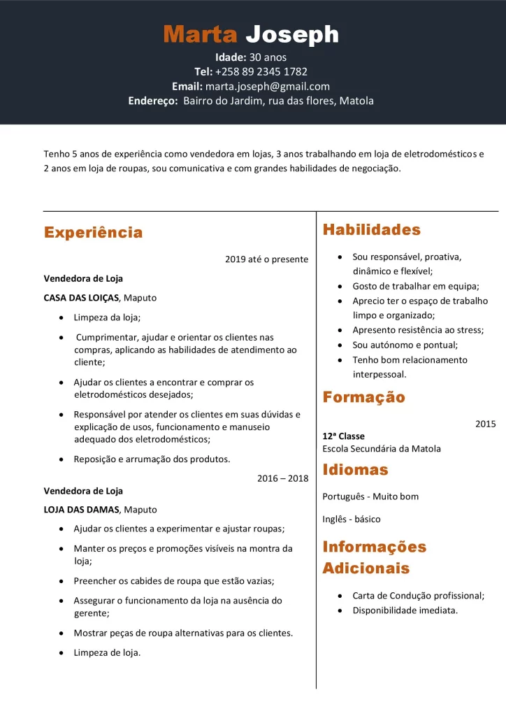 curriculo para vendedor de Loja